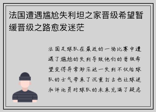 法国遭遇尴尬失利坦之家晋级希望暂缓晋级之路愈发迷茫