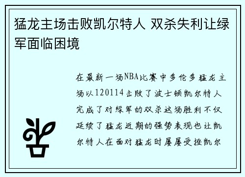 猛龙主场击败凯尔特人 双杀失利让绿军面临困境