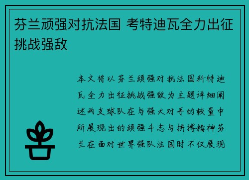 芬兰顽强对抗法国 考特迪瓦全力出征挑战强敌