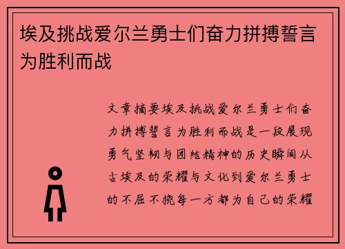 埃及挑战爱尔兰勇士们奋力拼搏誓言为胜利而战