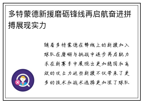多特蒙德新援磨砺锋线再启航奋进拼搏展现实力