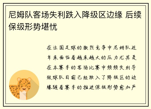 尼姆队客场失利跌入降级区边缘 后续保级形势堪忧