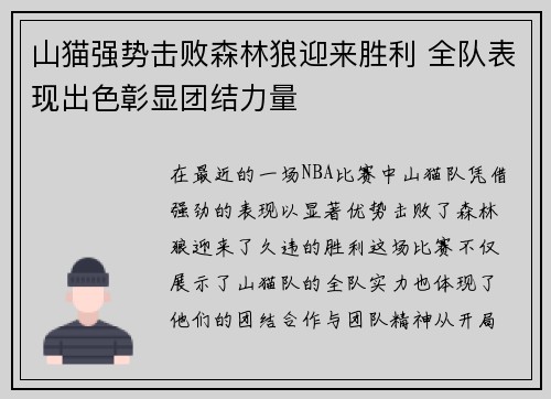 山猫强势击败森林狼迎来胜利 全队表现出色彰显团结力量