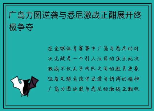 广岛力图逆袭与悉尼激战正酣展开终极争夺