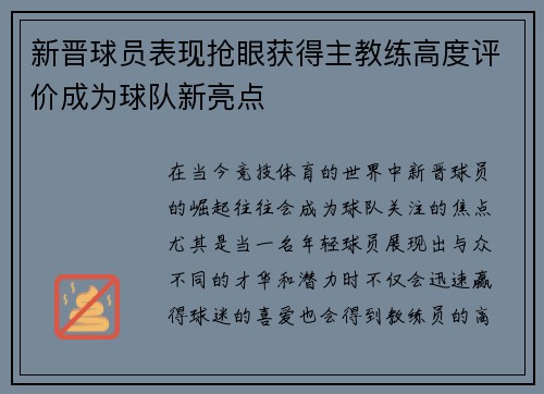 新晋球员表现抢眼获得主教练高度评价成为球队新亮点