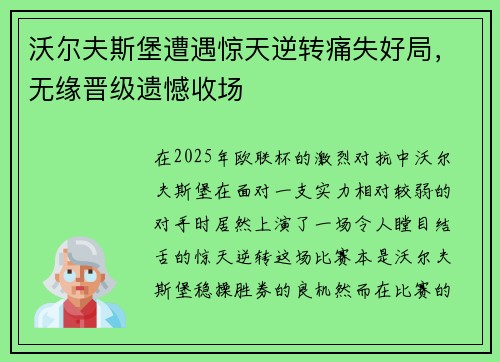 沃尔夫斯堡遭遇惊天逆转痛失好局,无缘晋级遗憾收场