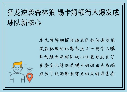 猛龙逆袭森林狼 锡卡姆领衔大爆发成球队新核心